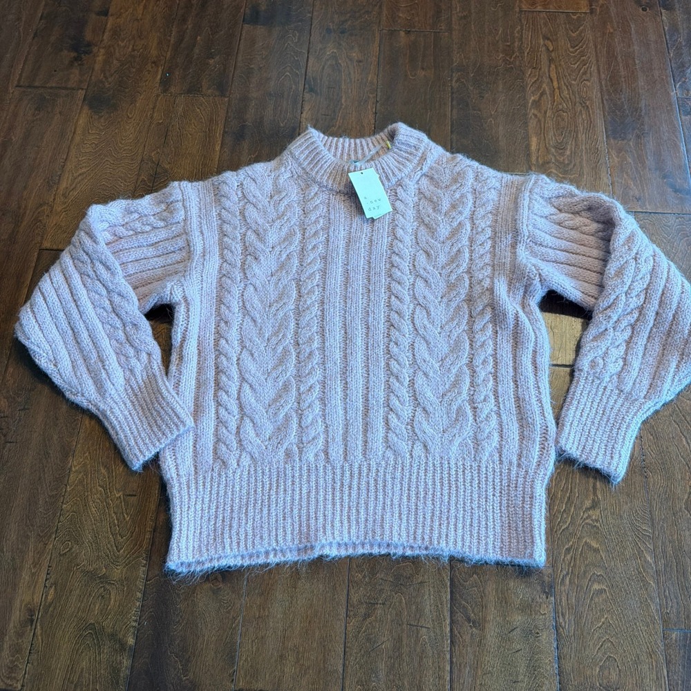 A New Day Womens Cable Knit Wool Blend Sweater Pink Thick Cozy Medium NWT